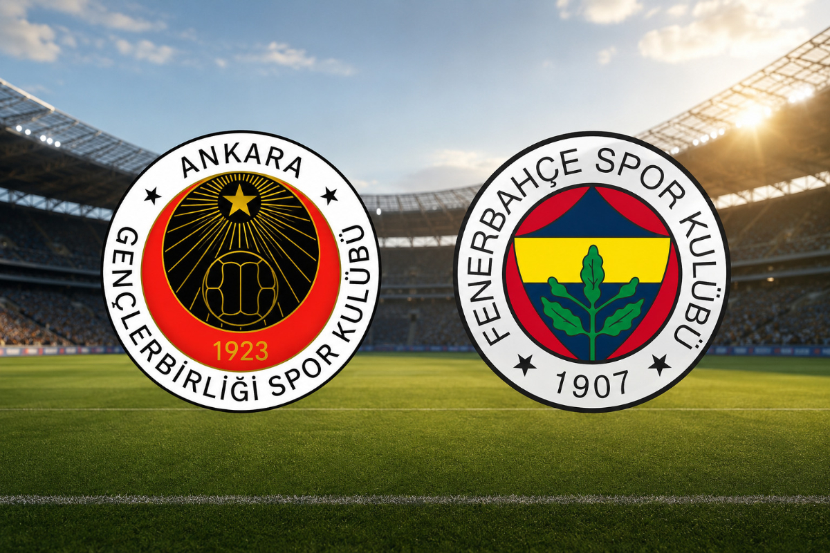 Gençlerbirliği ve Fenerbahçe spor kulüplerinin logoları, bir futbol stadyumunun yeşil sahasında yan yana yer alıyor. Stadyum arka planda, mavi gökyüzü ve hafif bulutlar ile görünmekte.