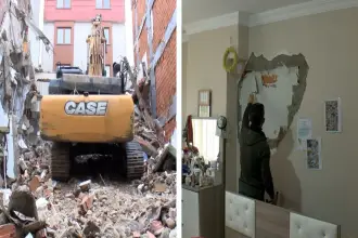 Kentsel dönüşüm yıkımında kaza: İş makinesi yandaki apartmana zarar verdi, ev sallanıyor
