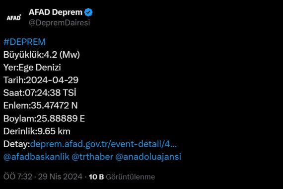 Ege Denizi açıklarında 4.2 büyüklüğünde deprem meydana geldi