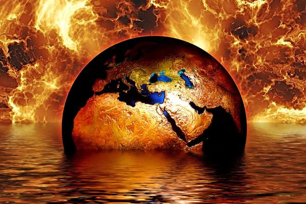 Küresel ısınmaya gönderme yapan yanan bir Dünya görseli