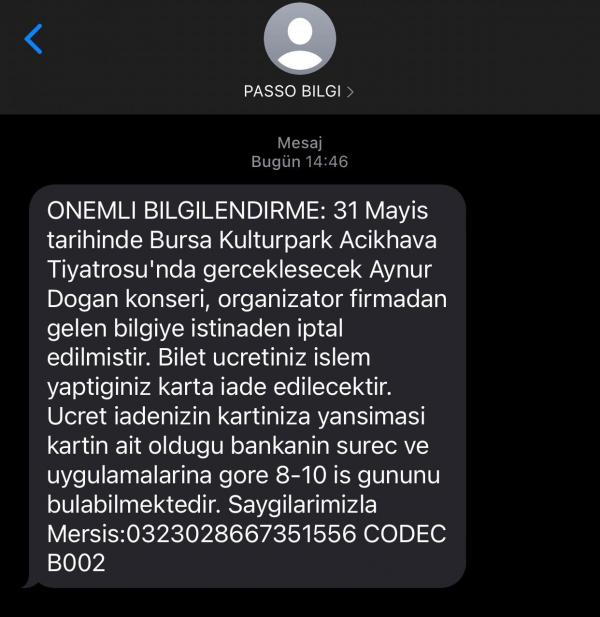 Passo'nun bilet alanlara attığı SMS.