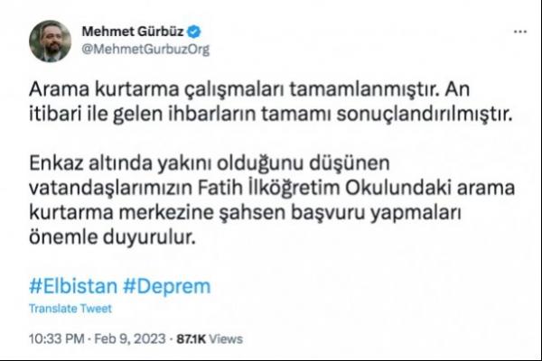Mehmet Gürbüz'ün tweeti