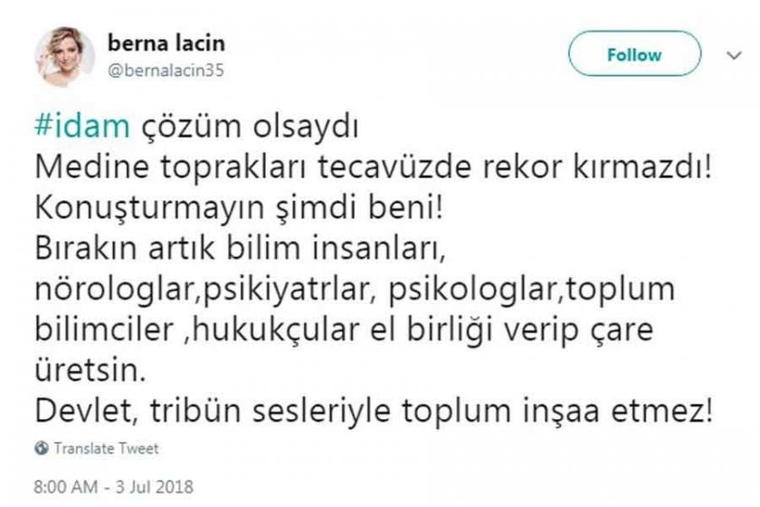 Berna Laçin'in idam karşıtı sosyal medya paylaşımına soruşturma