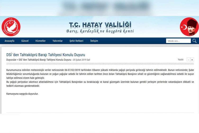 Hatay Valiliği: Tahtaköprü Barajı'nda tahliye olacak