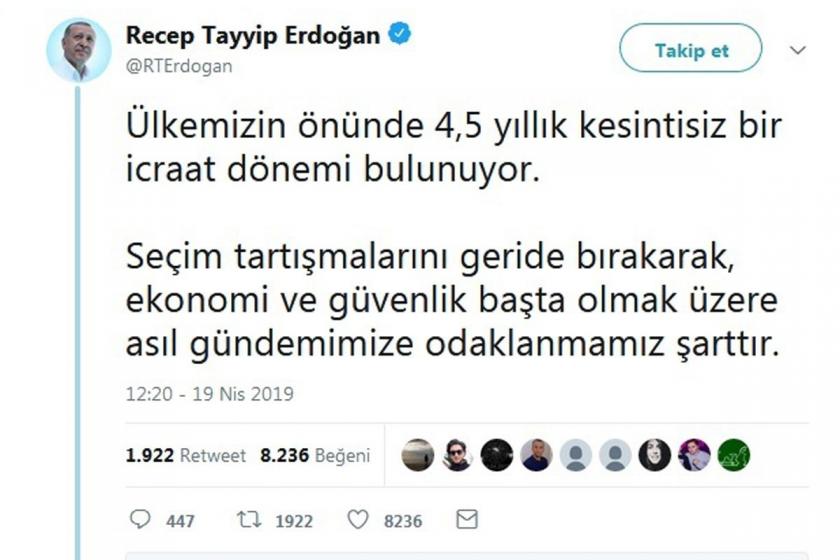 Erdoğan: Seçimi geride bırakıp ekonomi ve güvenliğe odaklanmalıyız