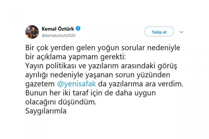 Yazısı basılmayan Kemal Öztürk, Yeni Şafak'taki köşesine ara verdi