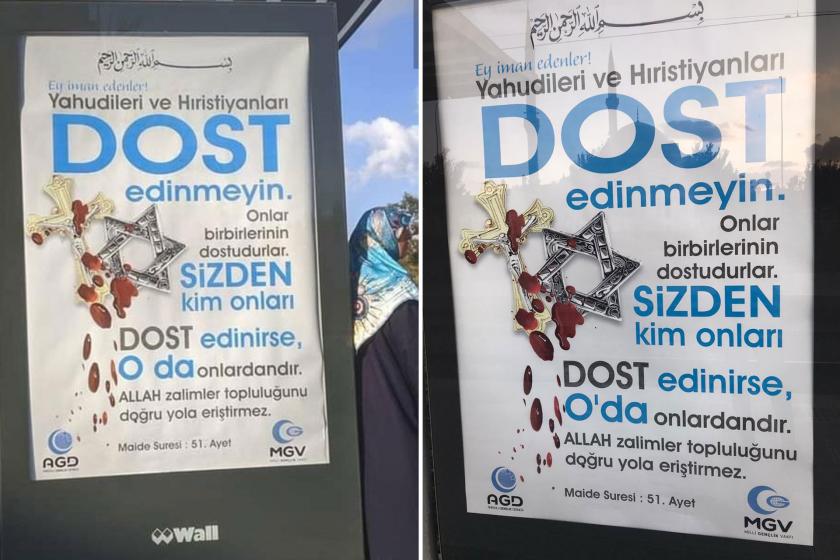 'Yahudileri ve Hristiyanları dost edinmeyin' afişleri kaldırıldı, Türk bayrağı asıldı