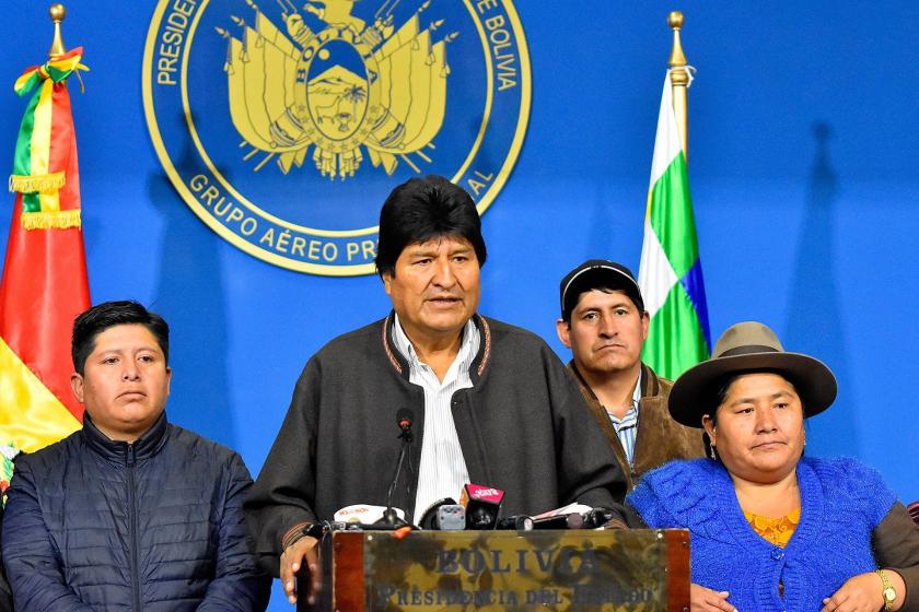 The Bolivian president, Evo Morales, gives a speech at the presidential hangar in El Alto.