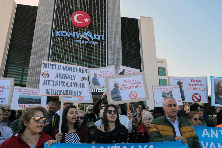 Hayvan hakları savunucuları Konyaaltı Belediyesi binası önünde Mutlu Karacaoğlu'nun görevden alınması talebiyle eylem yaparken