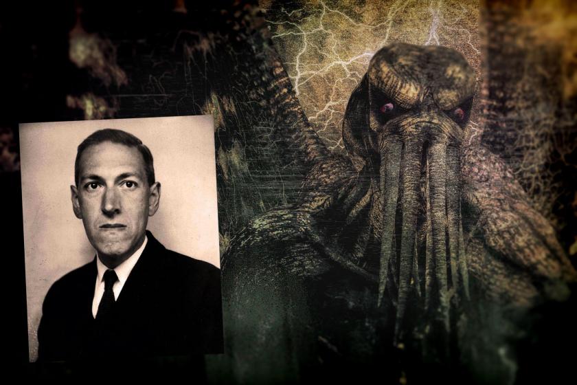Lovercraft'ın ahtapota benzer yaratısı Cthulhu'nun tasviri ve Lovercraft fotoğrafı.