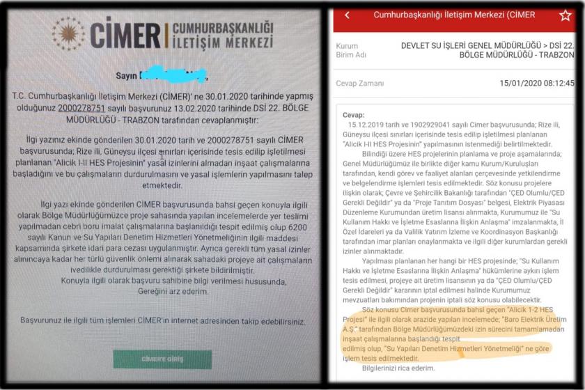 Rize Güneysu'ya bağlı Gürgen köyünde devam eden HES projesinin hukuka aykırı olduğu yönünde CİMER tarafından köylülere verilen yanıtlar.