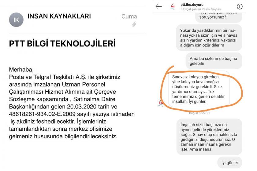 PTT Bilgi Teknolojileri çalışanlarına atılan mesajlar