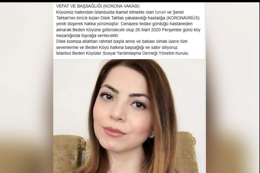 Dilek Tahtalı'nın hayatını kaybetmesi sonrası İstanbul Beden Köylüler Sosyal Yardımlaşma Derneğinin Facebook'tan yaptığı paylaşım.