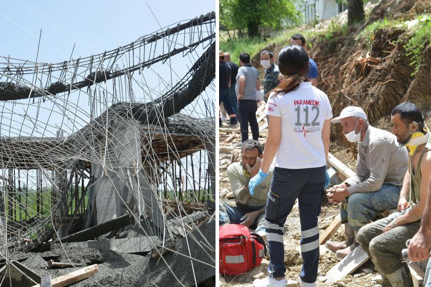 Çöken inşaat (solda) ve yaralı işçiler (sağda)