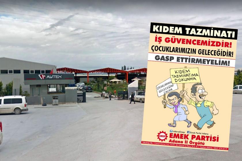 AYTEK binası ve EMEP'in kıdem tazminatına ilişkin afişinden kolaj.