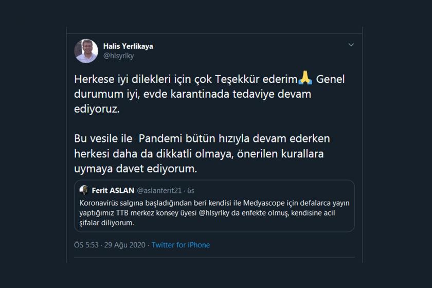 TTB Merkez Konsey Üyesi Dr. Halis Yerlikaya Kovid-19'a yakalandı
