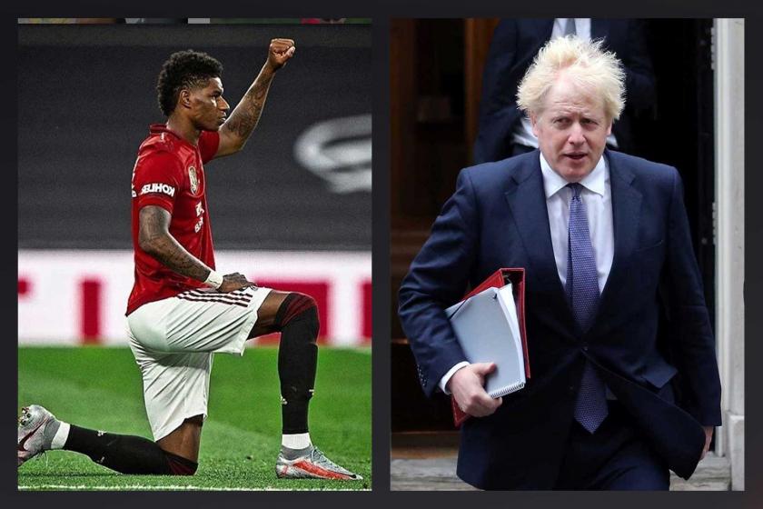 Marcus Rashford (solda) George Floyd'u anmak için dizlerinin üstüne çökmüş yumruğunu havaya kaldırmış, Boris Johnson (sağda)