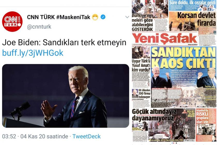 CNN Türk'ün Joe Biden paylaşımı ve Yeni Şafak'ın 5 Kasım 2020 birinci sayfası