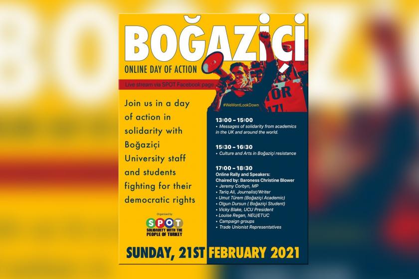 İngiltere'de Boğaziçi Üniversitesi öğrencileri ve akademisyenlerine destek için düzenlenen online etkinliğin afişi.