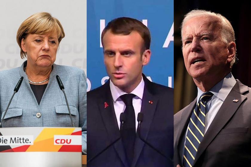 Angela Merkel (solda), Emmanuel Macron (ortada) , Joe Biden (sağda)