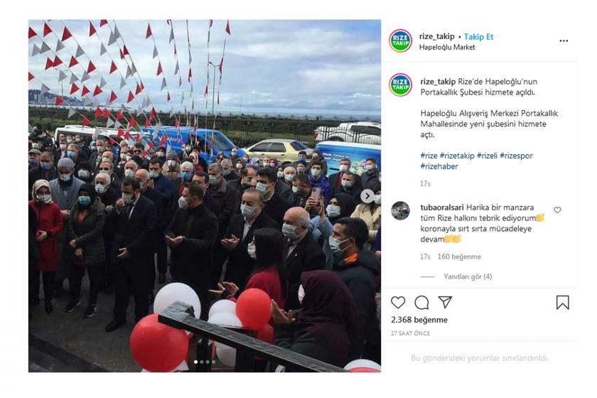 Rize'de Hapeloğlu Market'in açılışının AKP il yönetiminin katılımı ve büyük bir kalabalıkla gerçekleştirilmesi tepki topladı.