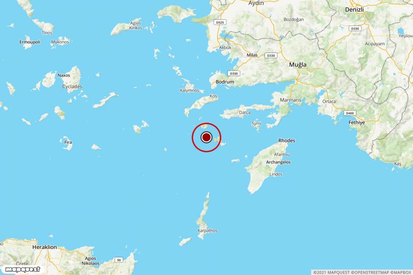 Ege Denizi'nde meydana gelen 4.2 büyüklüğündeki depremin merkezini vev çevresini gösteren harita.