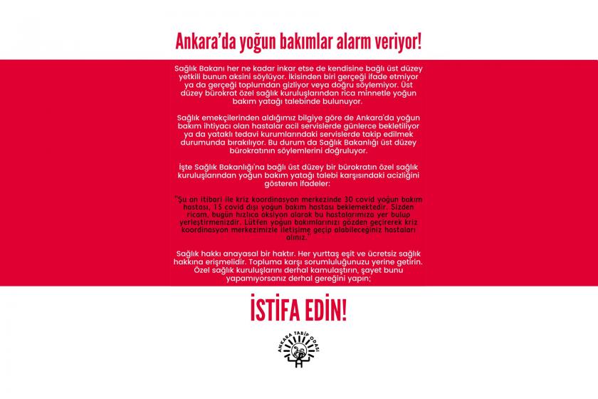 Ankara Tabip Odasının (ATO) 'Ankara'da yoğun bakımlar alarm veriyor!' başlıklı açıklama metni.