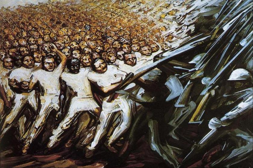 David Alfaro Siqueirosun kitlelerin mücadelesini resmeden kurtuluş için mücadele başlıklı tablosu