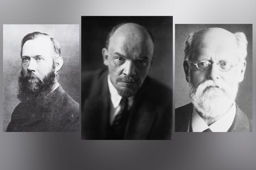 Anton Pannekoek, Vladimir Lenin ve Karl Kautsky'nin fotoğrafları.