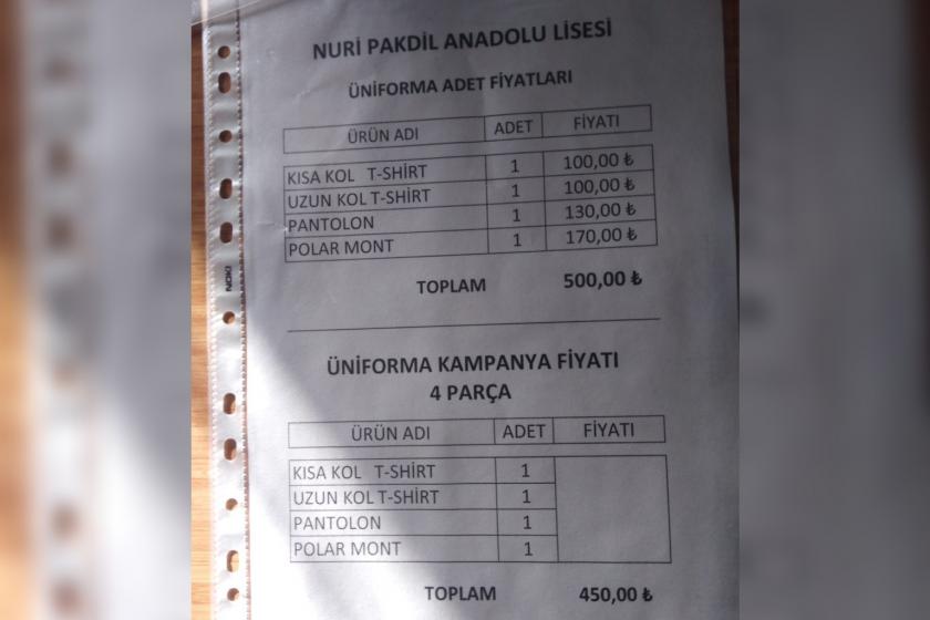 Nuri Pakdil Anadolu Lisesi üniforma fiyat listesi