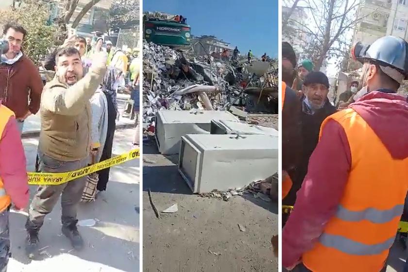 Maraş'ta enkazdan çıkarılan ATM kasaları ve enkaz başında bekleyen öfkeli yurttaşlar.