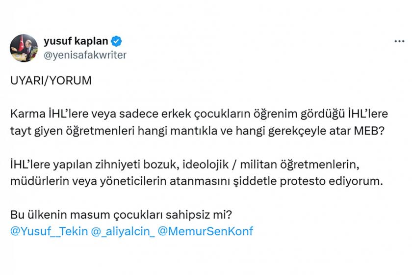 Yeni Şafak yazarından cinsiyetçi mesaj: MEB tayt giyenleri neden atar?