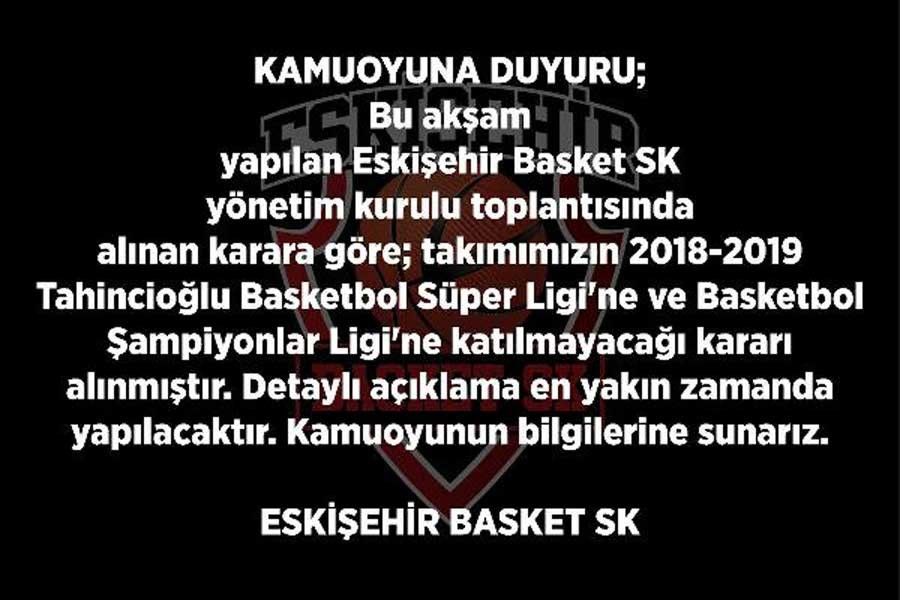 Eskişehir Basket ligden çekilme kararı aldı