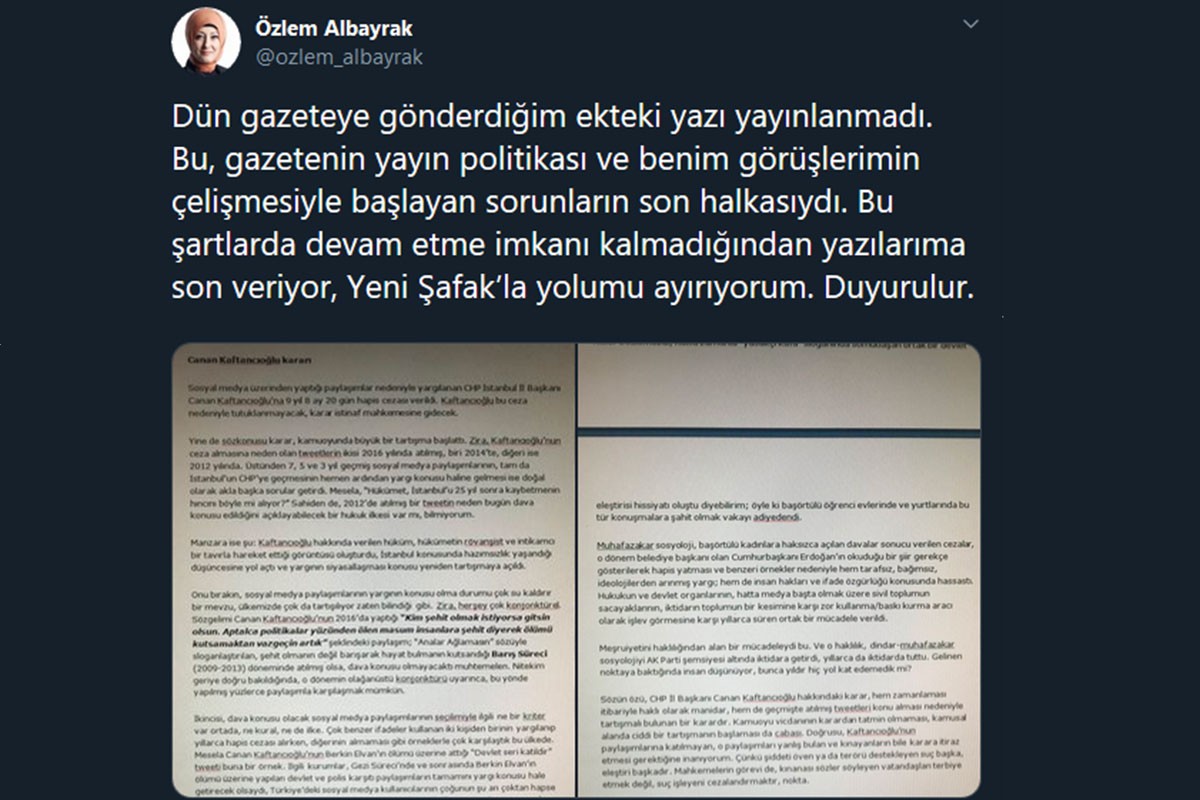 Kaftancıoğlu yazısı yayımlanmayan Yeni Şafak yazarı Özlem Albayrak istifa etti