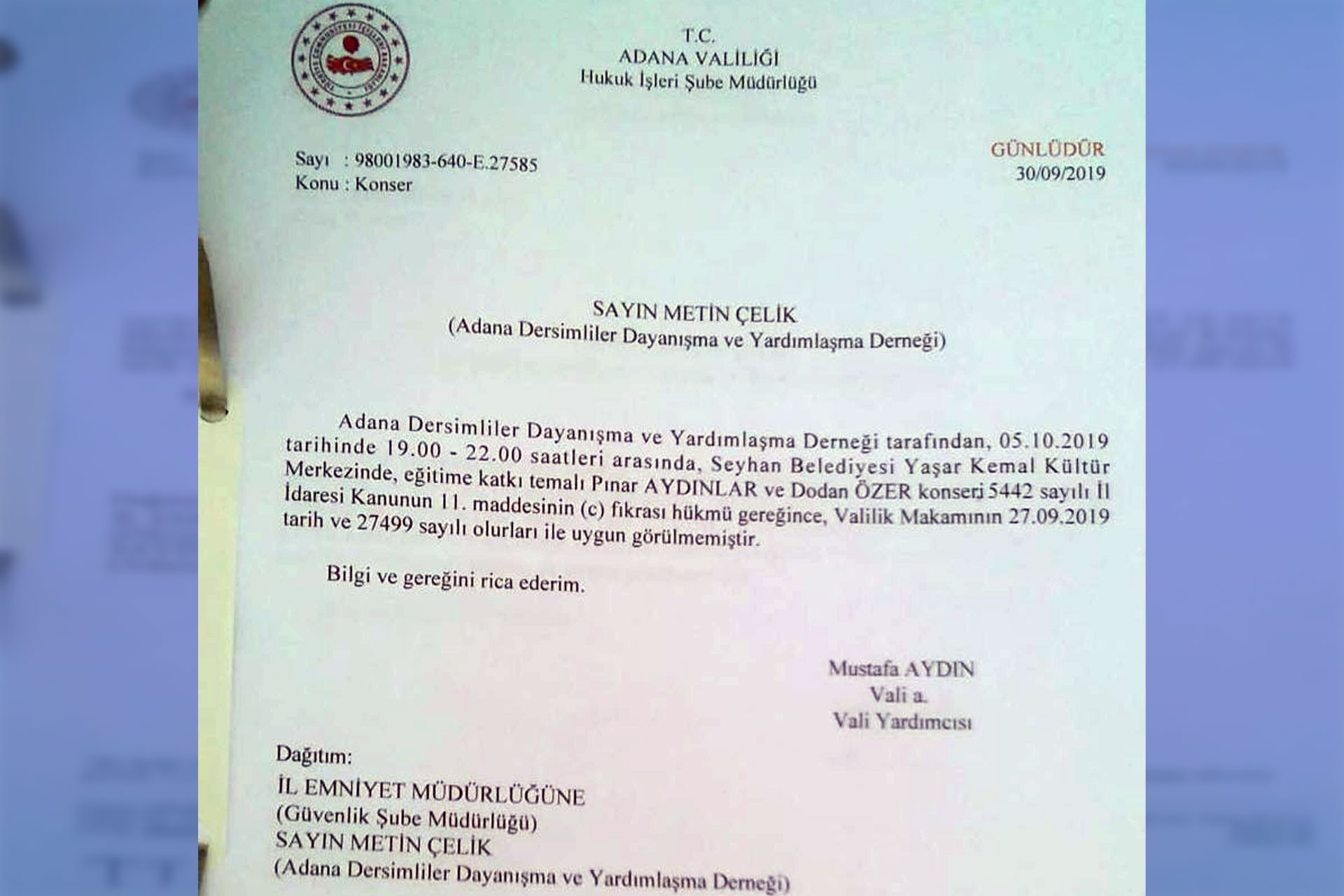 Adana’da, Pınar Aydınlar ve Dodan’ın katılacağı “Eğitime katkı” konseri yasaklandı