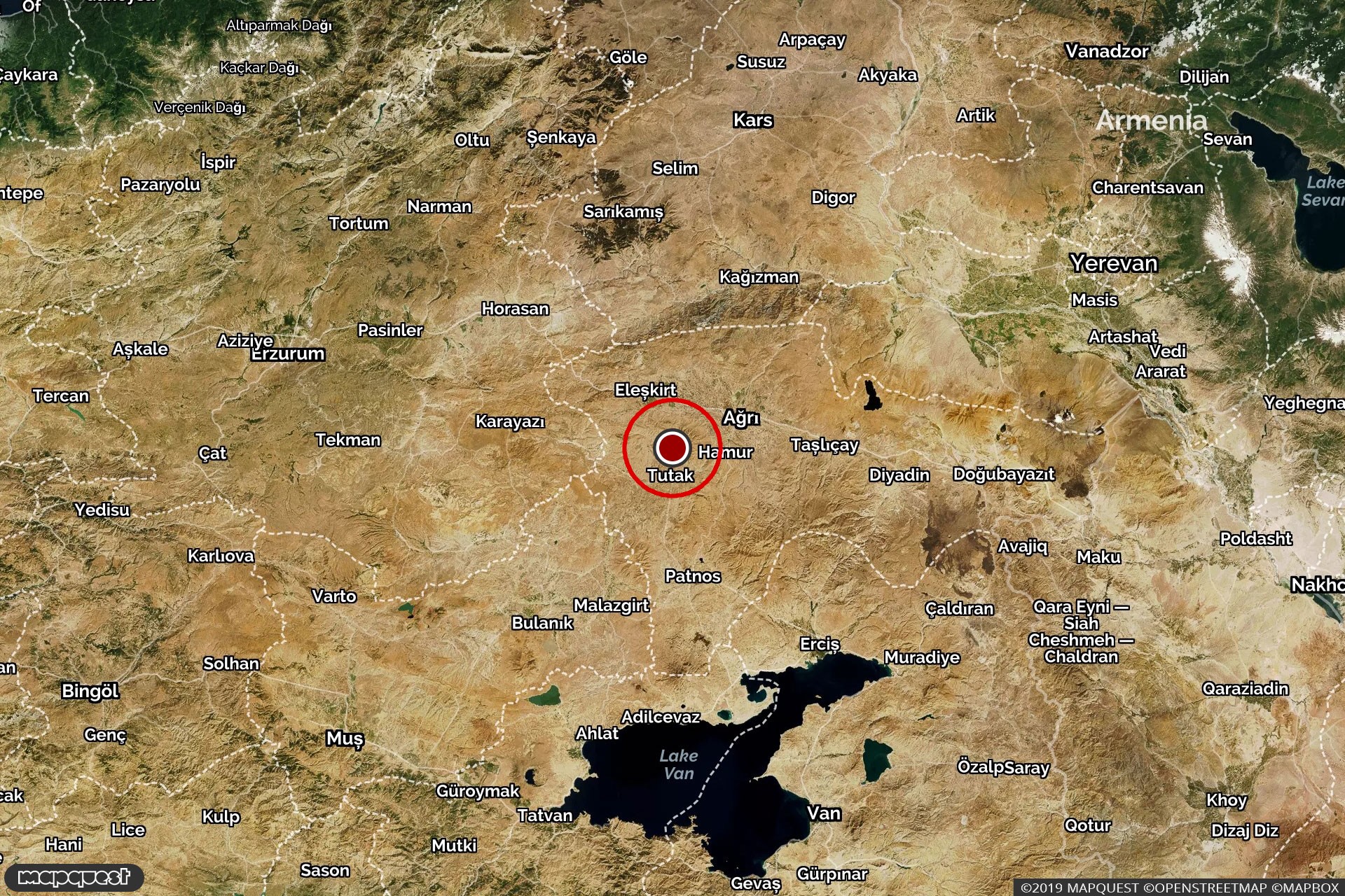 Ağrı'nın Tutak ilçesinin kuzeyinde konumlanmış yeri belirten harita.