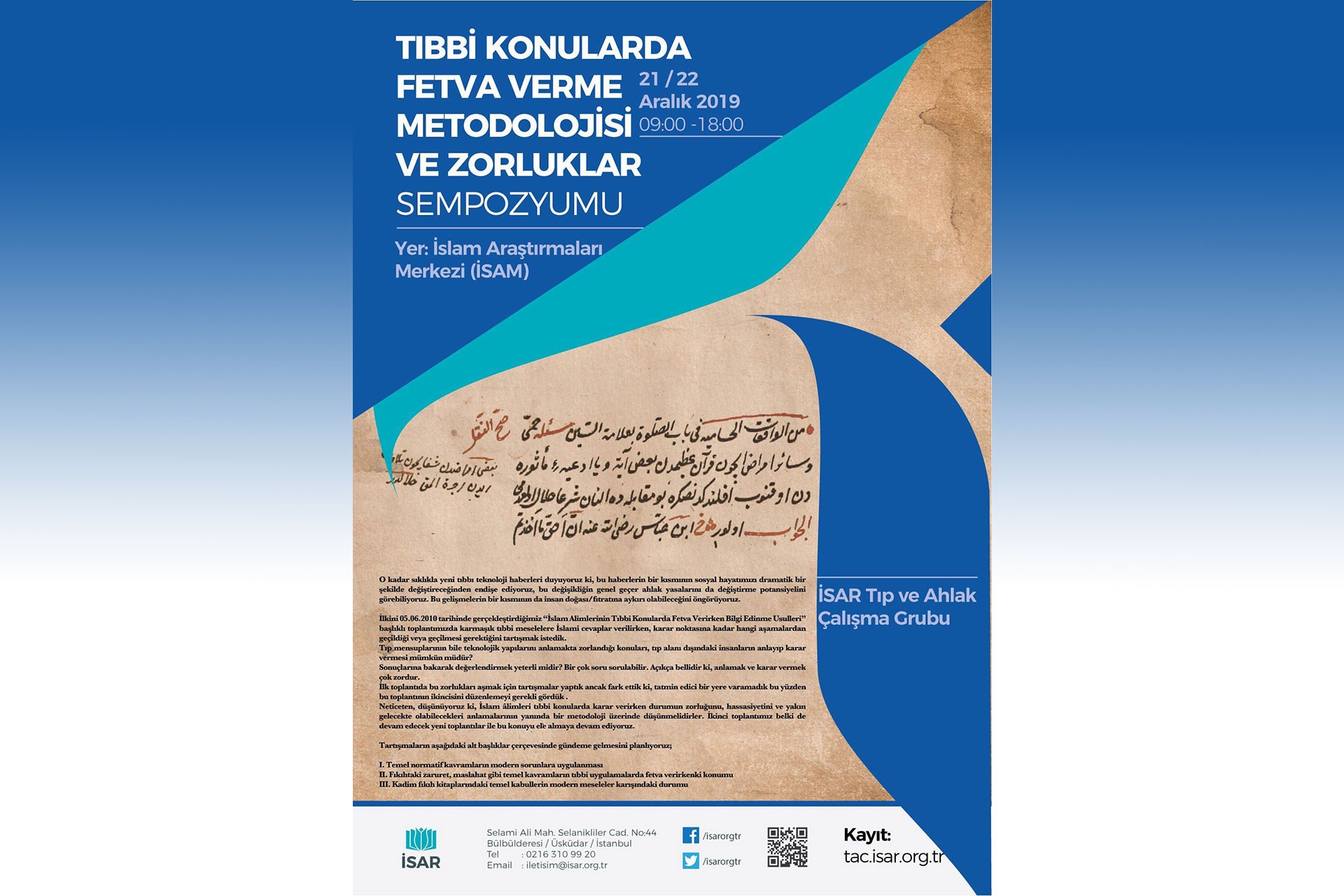 İSAM'ın “Tıbbi Konularda Fetva Verme Metodolojisi ve Zorluklar” sempozyumunun afişi