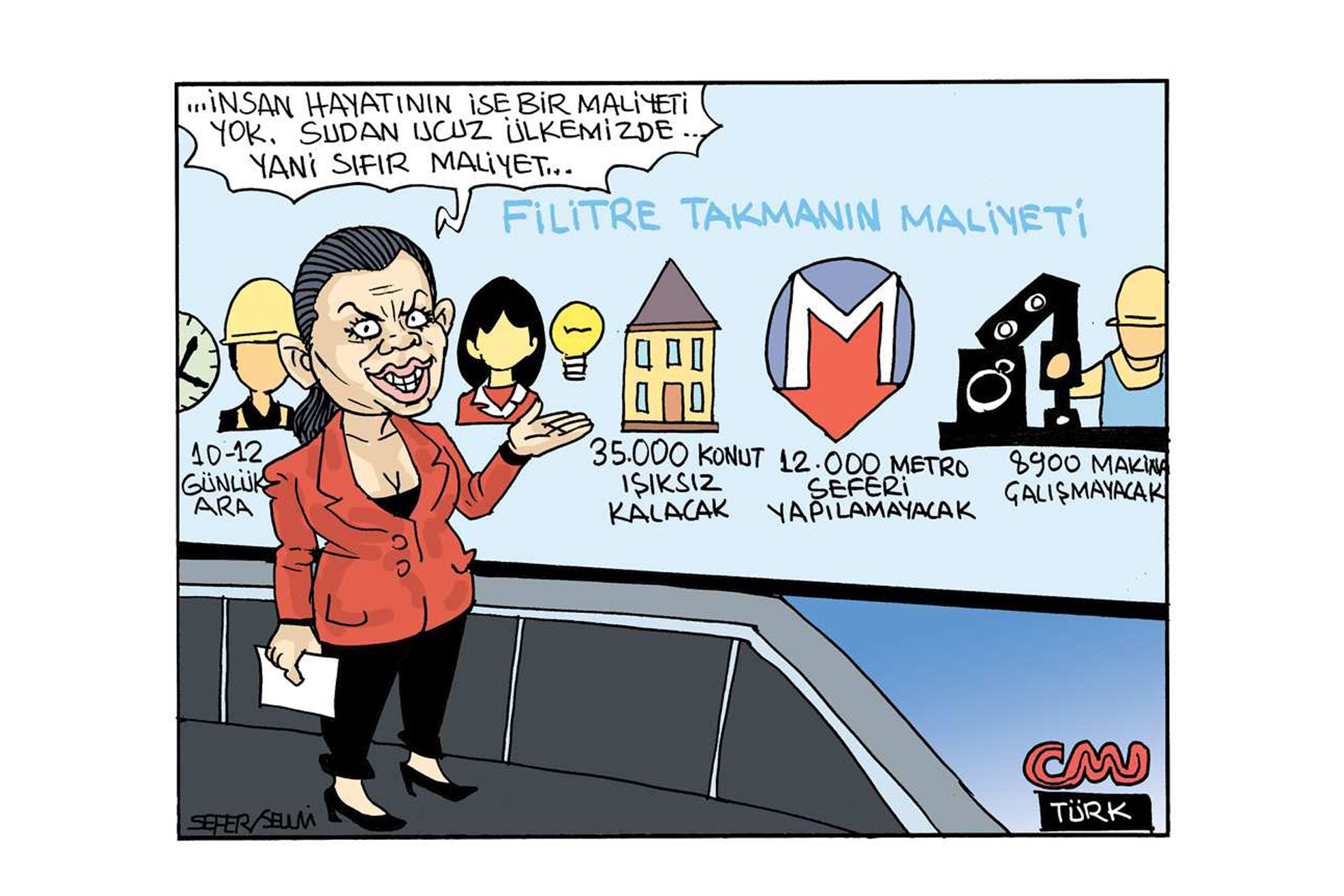 Sefer Selvi'nin termik santrallere takılacak filtrenin maliyetinin hesaplandığı programı eleştirdiği karikatürü