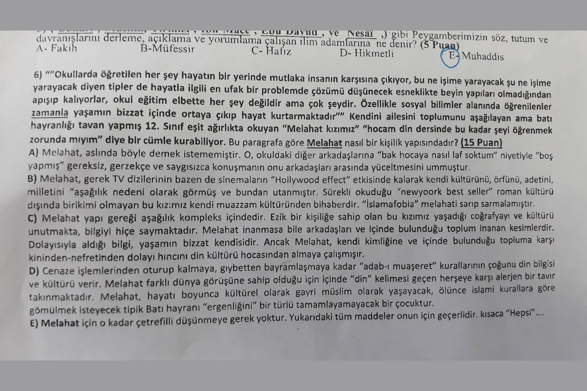 Din kültürü öğretmeni H.S.'nin hazırladığı soru