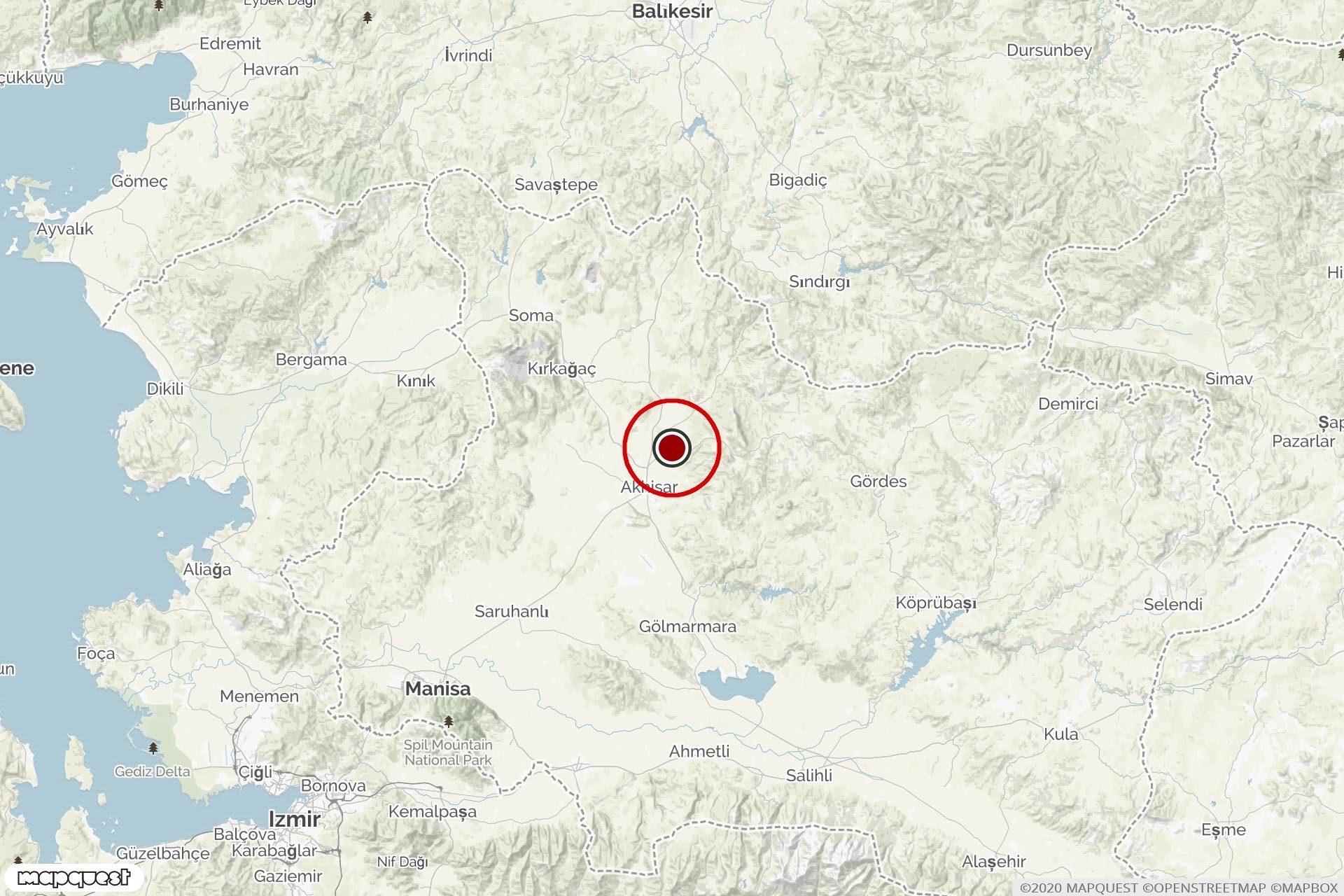 Manisa Akhisar'da 23.02.2020 tarihinde meydana gelen 4.5 büyüklüğündeki depremin merkezini ve çevresini gösteren harita.