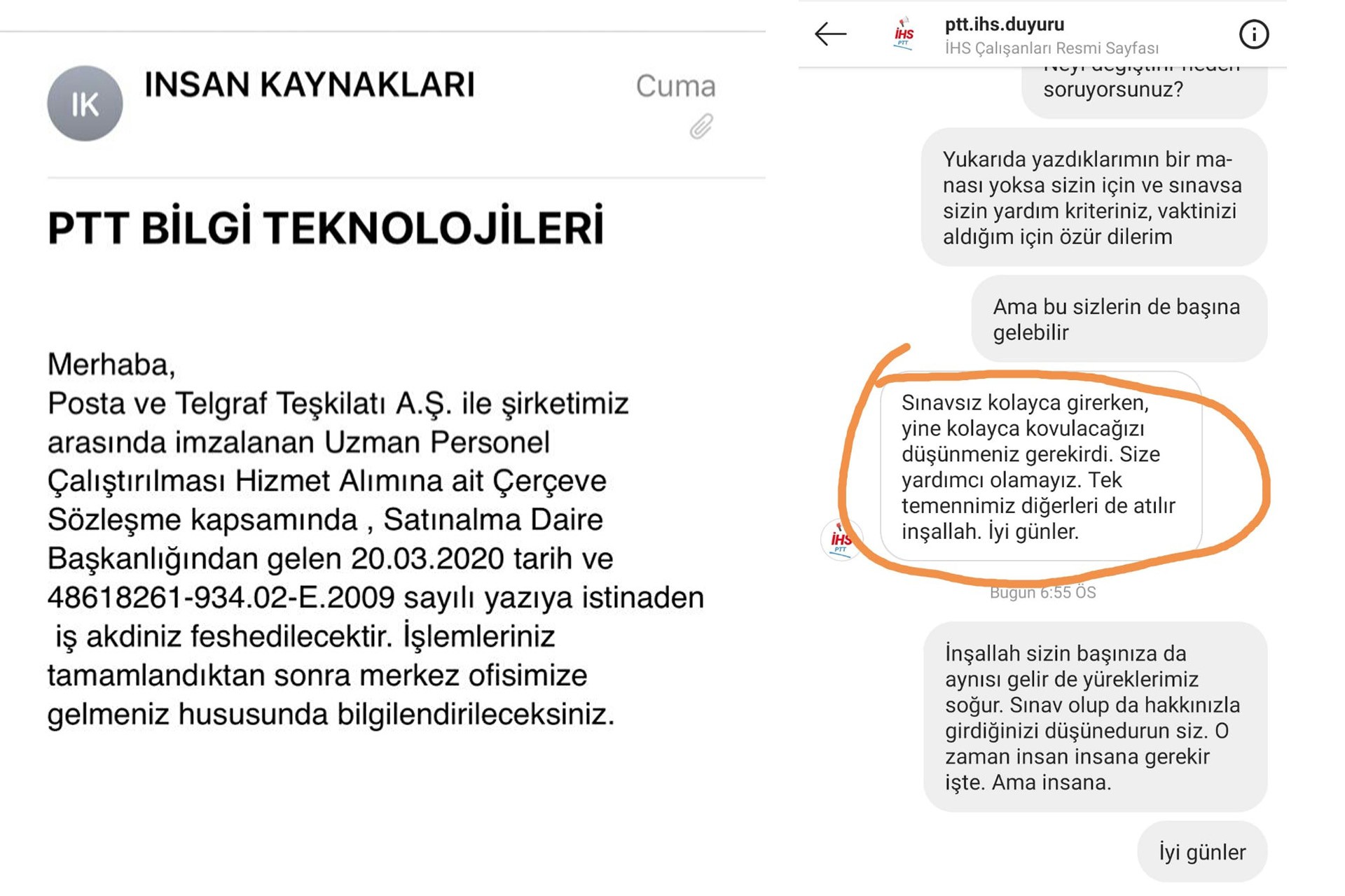 PTT Bilgi Teknolojileri çalışanlarına atılan mesajlar