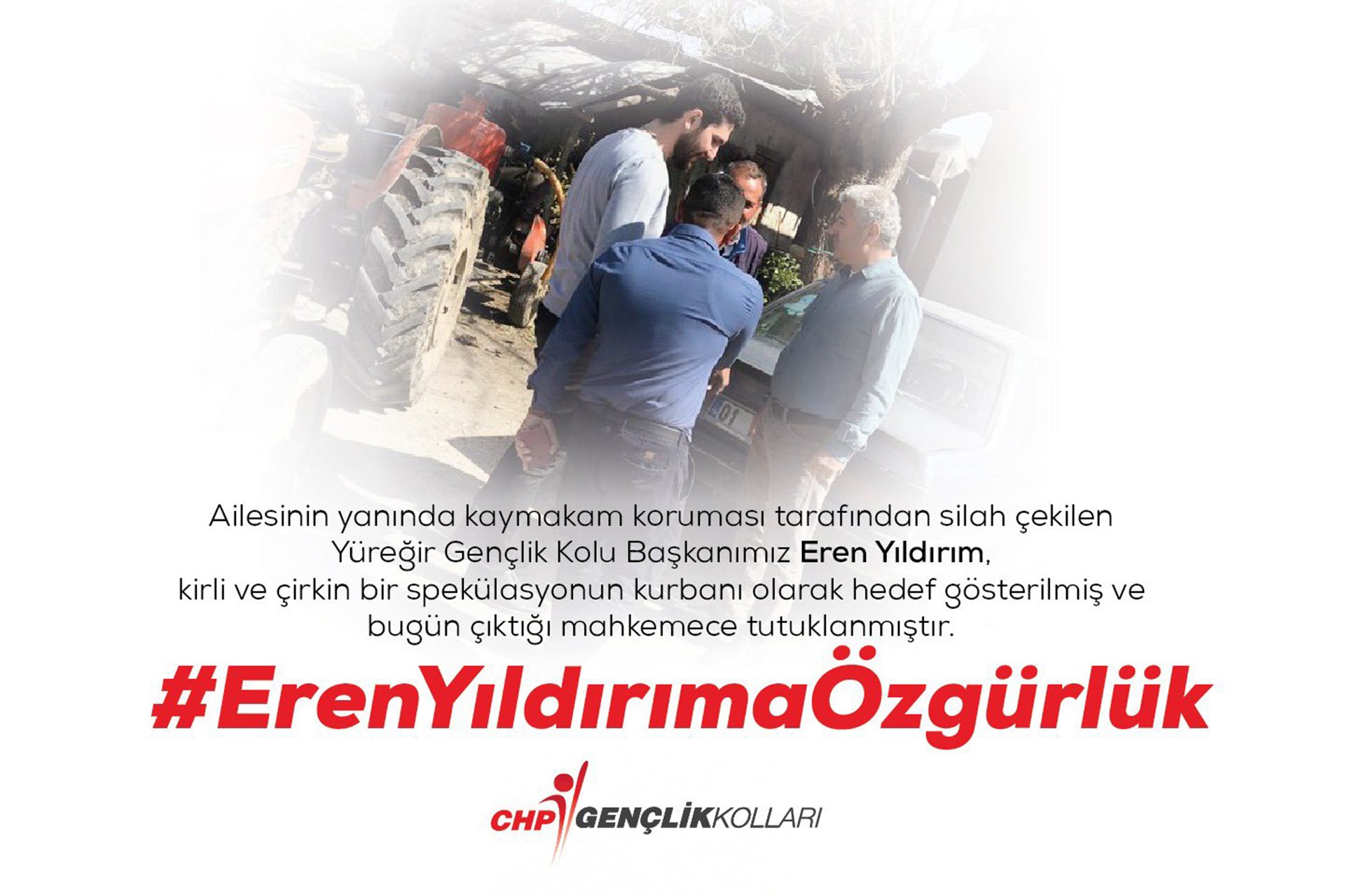 CHP Gençlik Kollarının Eren Yıldırım'ın tutuklanmasının ardından Twitter hesabından paylaştığı #ErenYıldırımaÖzgürlük yazılı görsel.