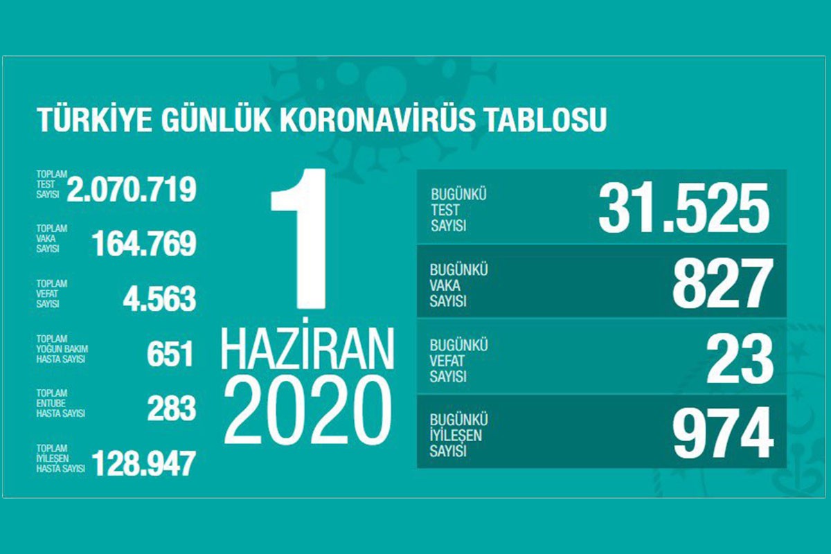 1 Haziran Türkiye'de koronavirüs verileri.