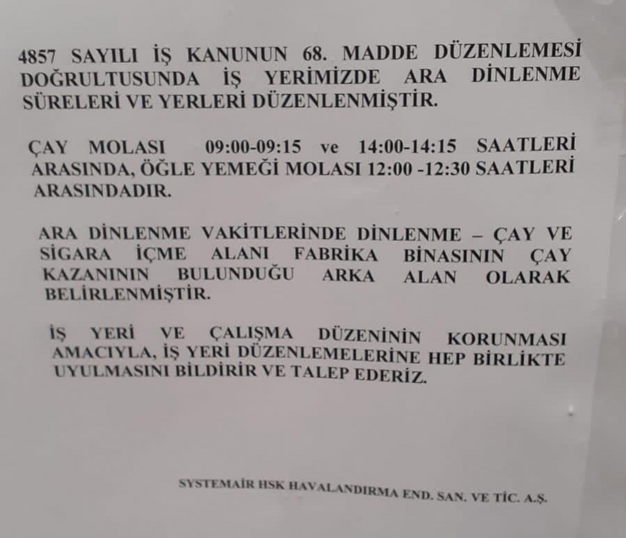 Systemair HSK yönetiminin mola yerlerinin ve sürelerinin değiştirildiğine dair duyurusu,