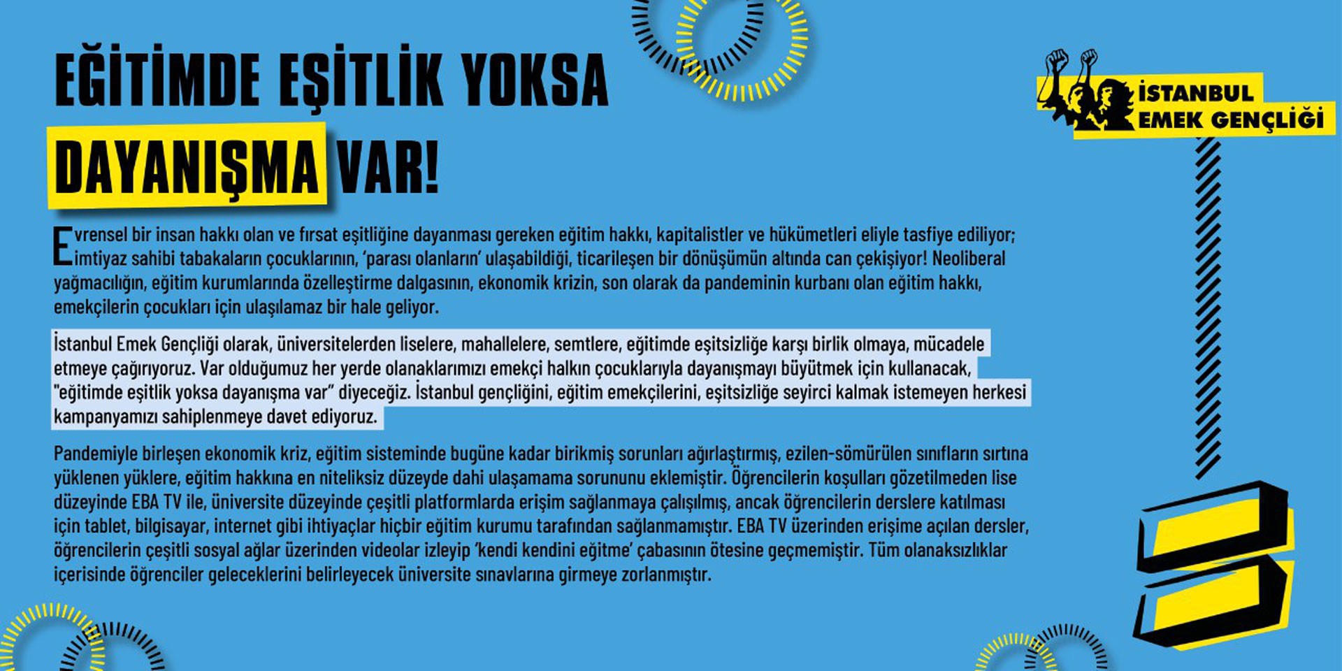 Emek Gençliği’nin eğitimde derinleşen eşitsizliğe karşı başlattığı “Eğitimde eşitlik yoksa dayanışma var” kampanyası