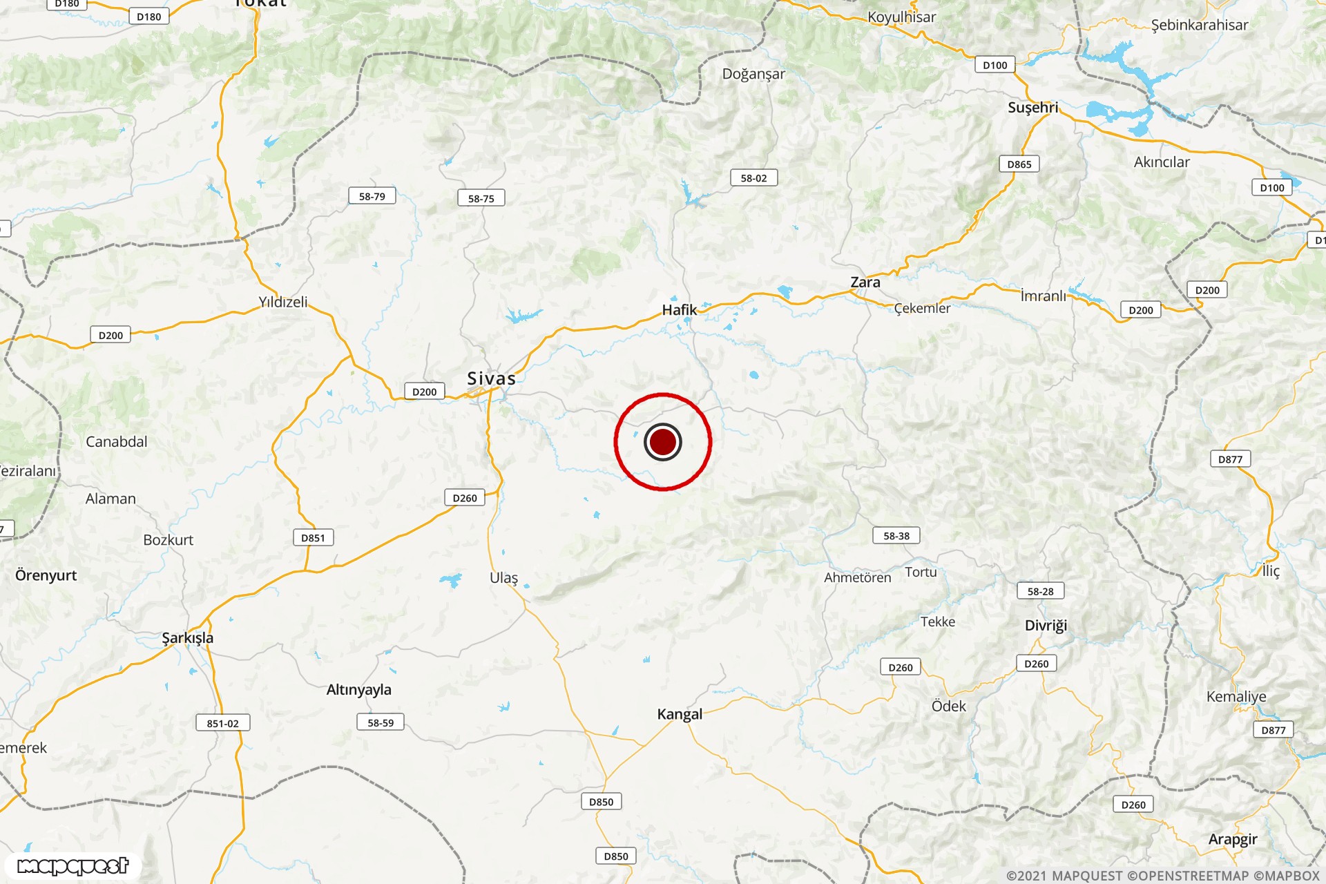 Sivas'ta meydana gelen 3.8 büyüklüğündeki depremin merkezini ve çevresini gösteren harita.