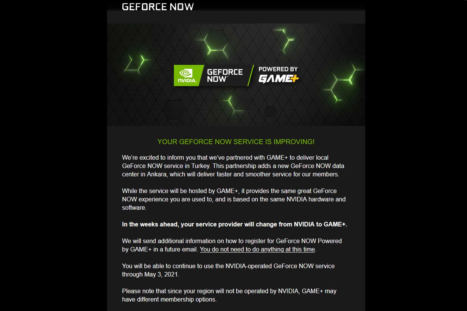 GeForce Now'ın Türkiye'deki kullanıcılarına gönderdiği e-posta