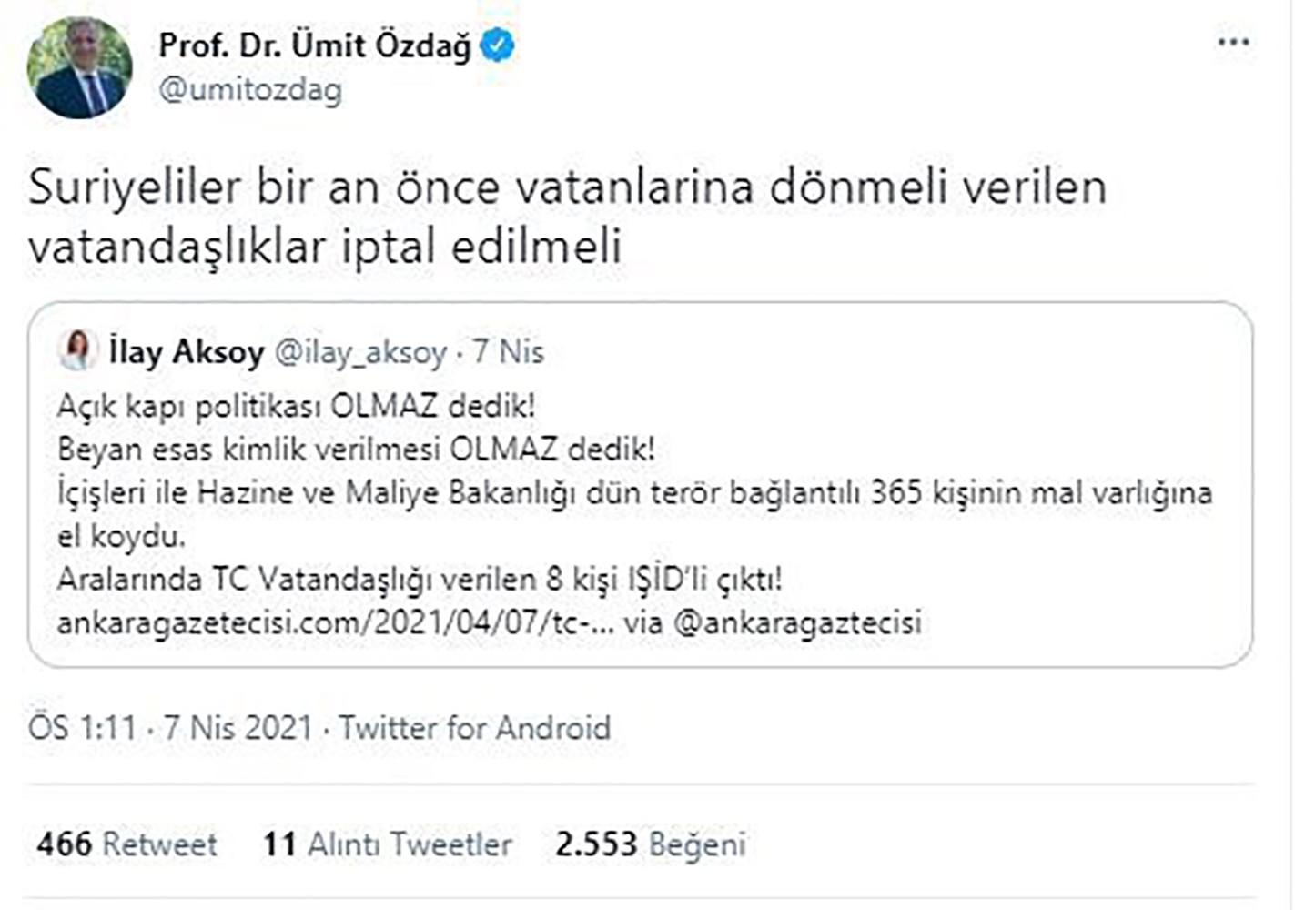 Ümit Özdağ'ın Twitter paylaşımları