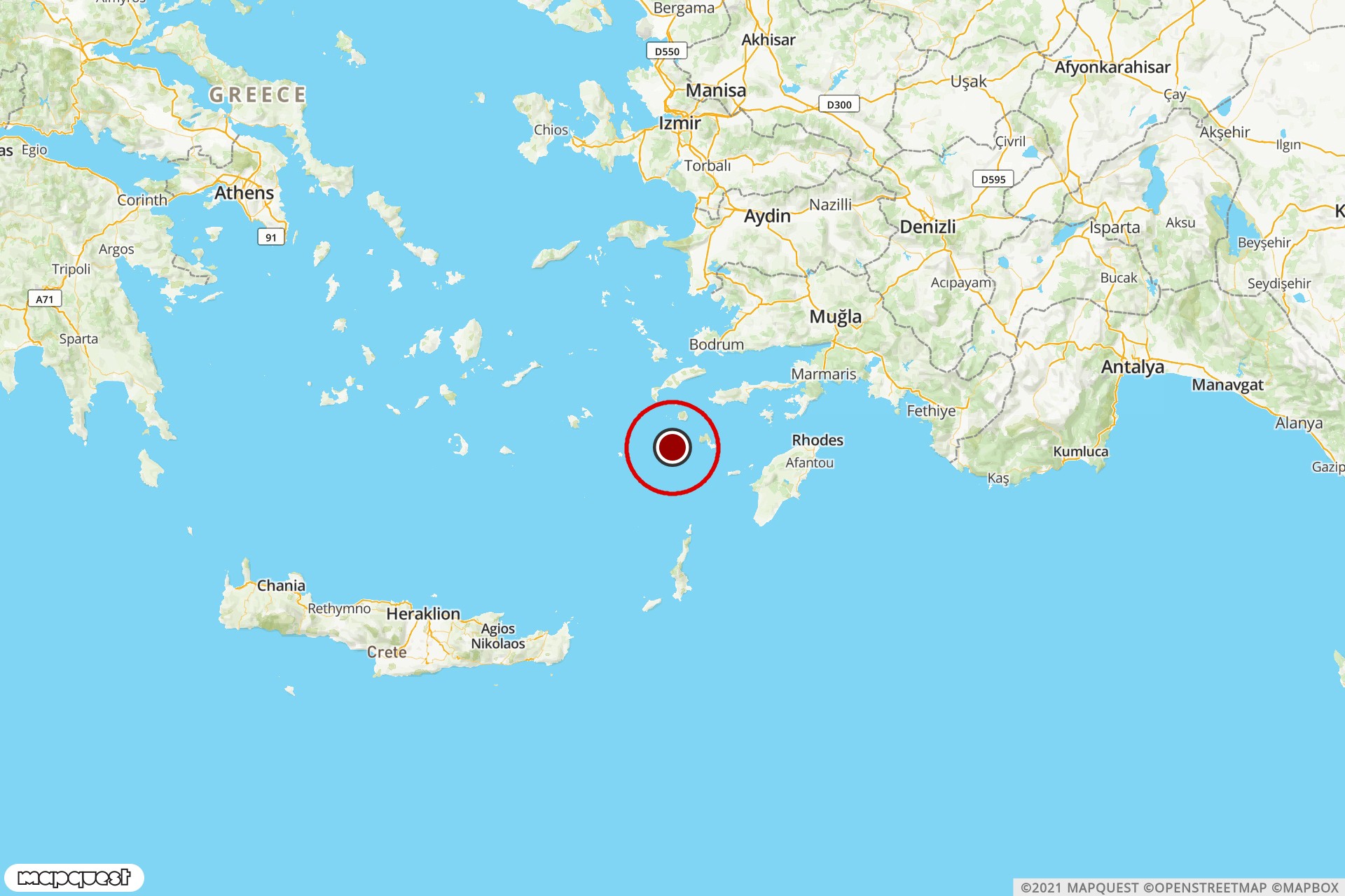 Ege Denizi'nde meydana gelen 5,5 büyüklüğündeki depremin merkezini ve çevresini gösteren harita.