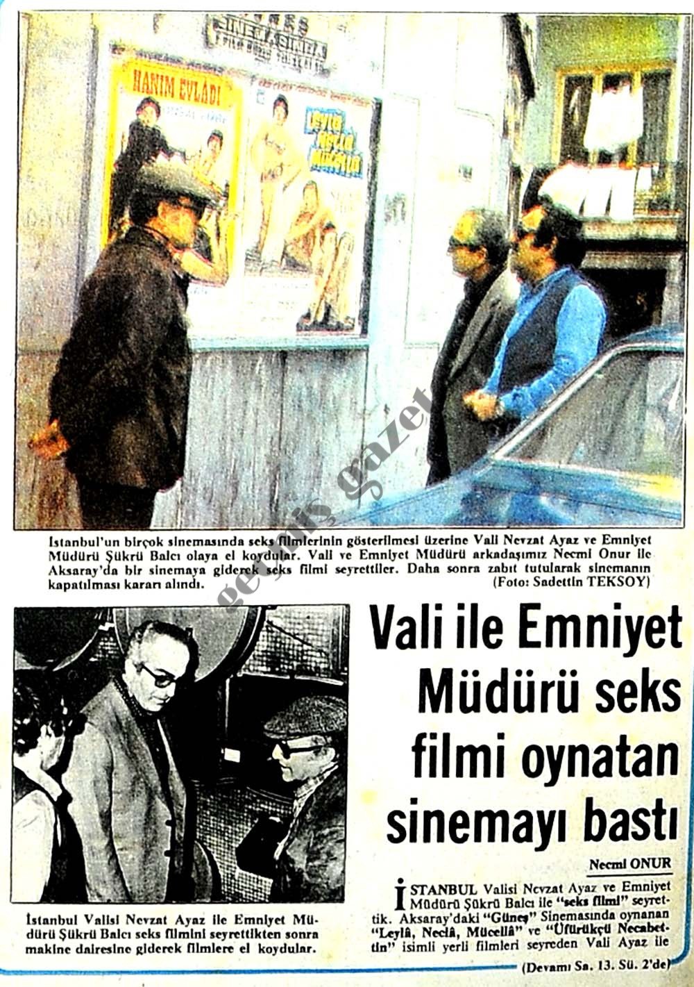 Erotik film gösterimi yapılan sinemalara polis baskınını gösteren haber kupürü.